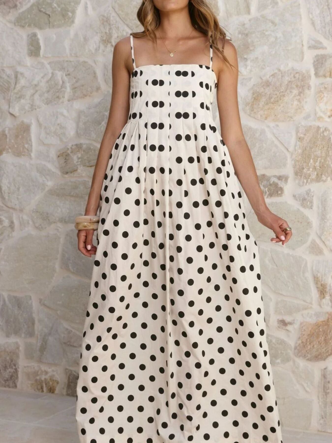 Polka Dot Pleated Detail Maxi Dress