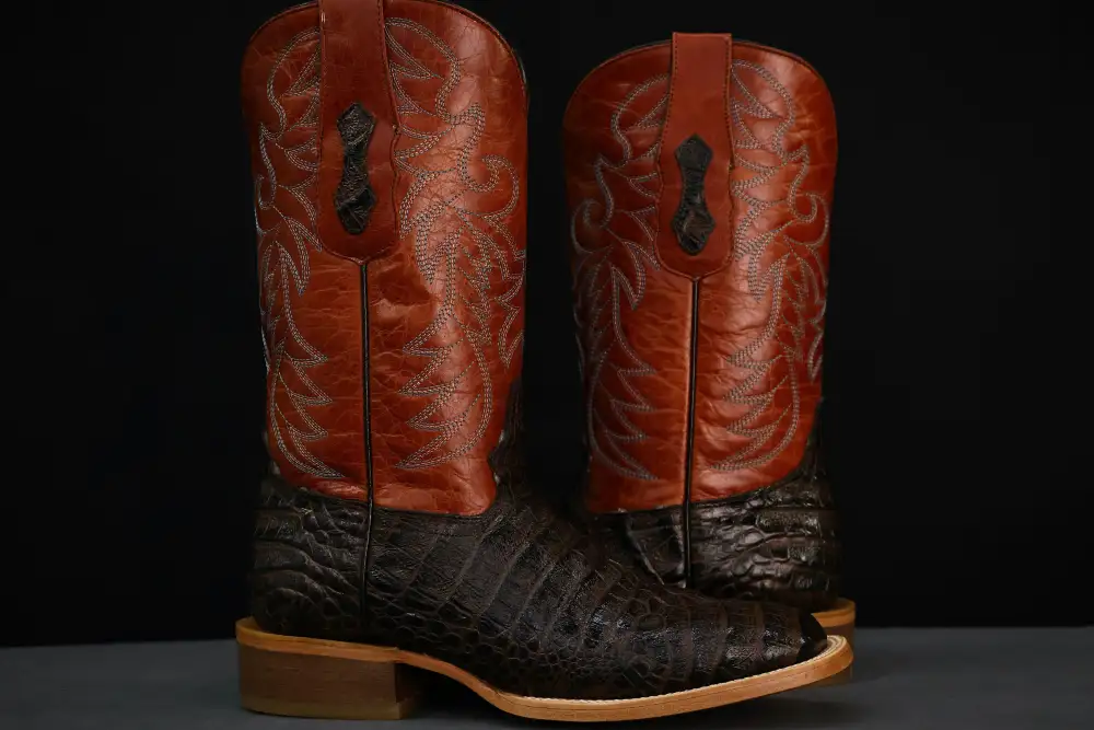 Chocolate Brown American Gator Belly Leather Boots — Square Toe