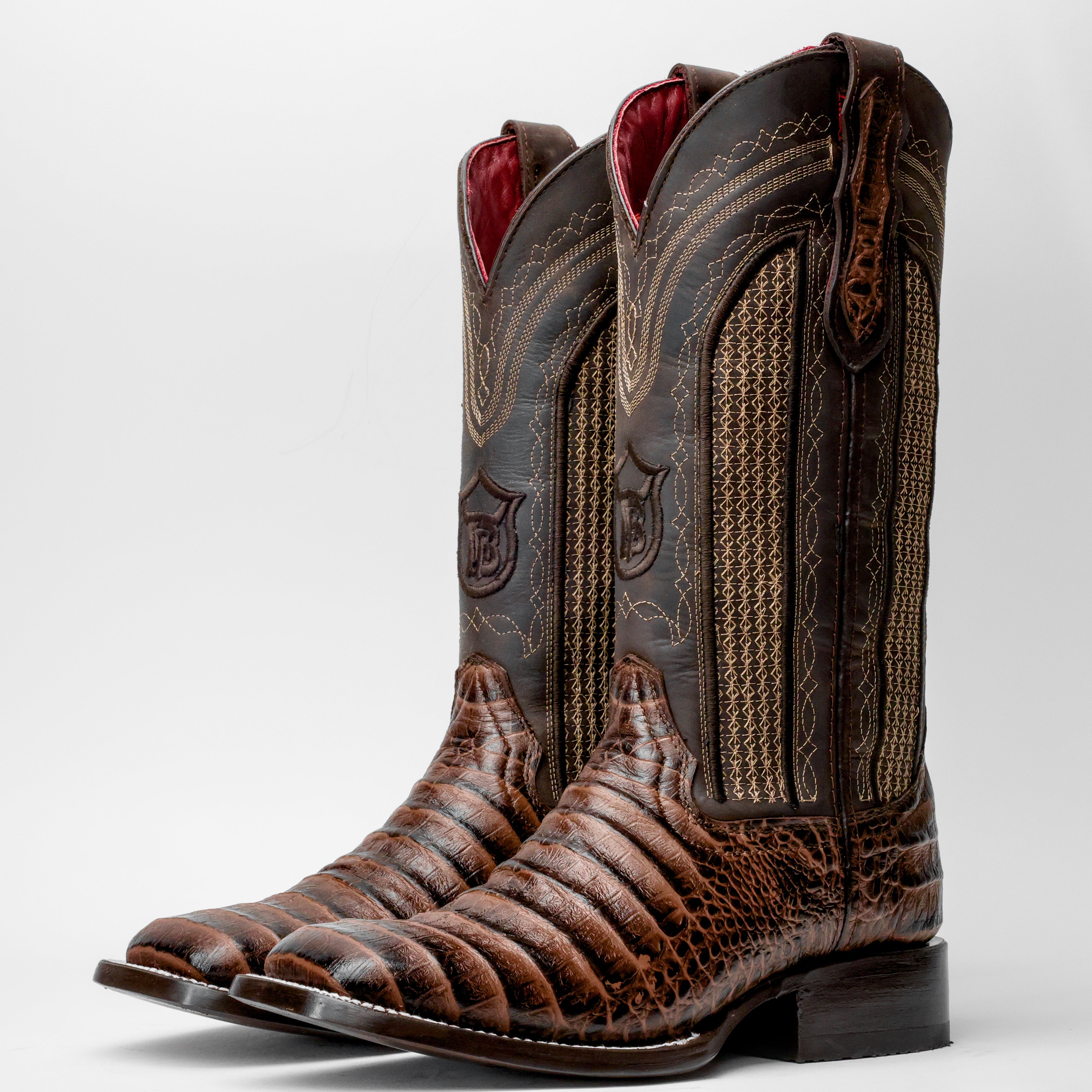 Brown Caiman Belly Leather Boots - Square Toe