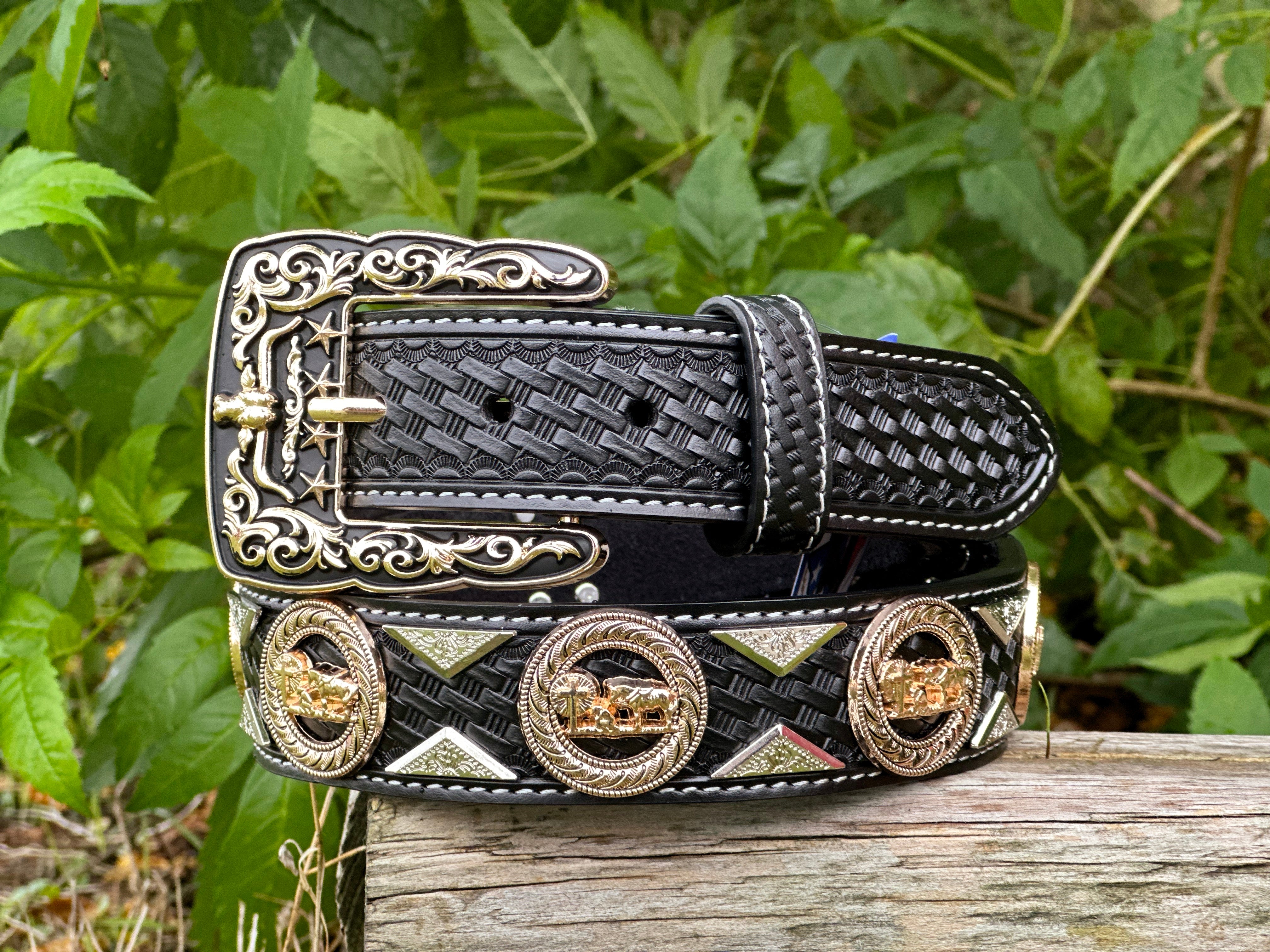 Men’s Black Leather Belt With Praying Cowboy Concho