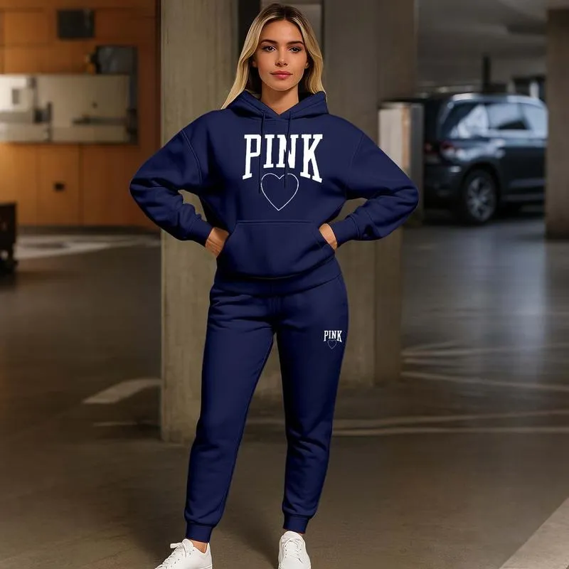 Women's Pink Heart Print Hair And Sunglasses Hoodie And Drawstring Track Pants Set