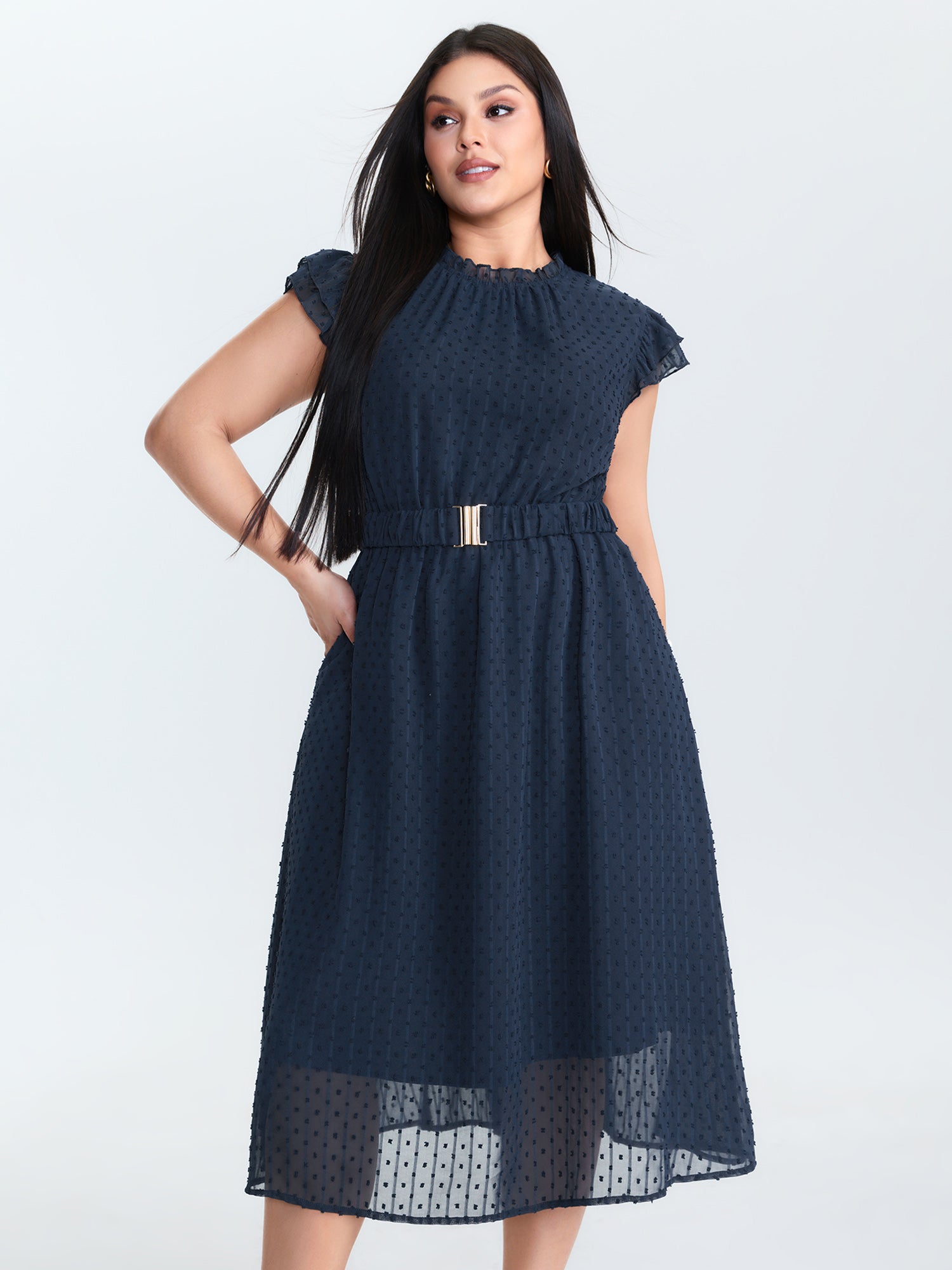 Textured Sheer Ruffled Mock Neckline Midi Dress