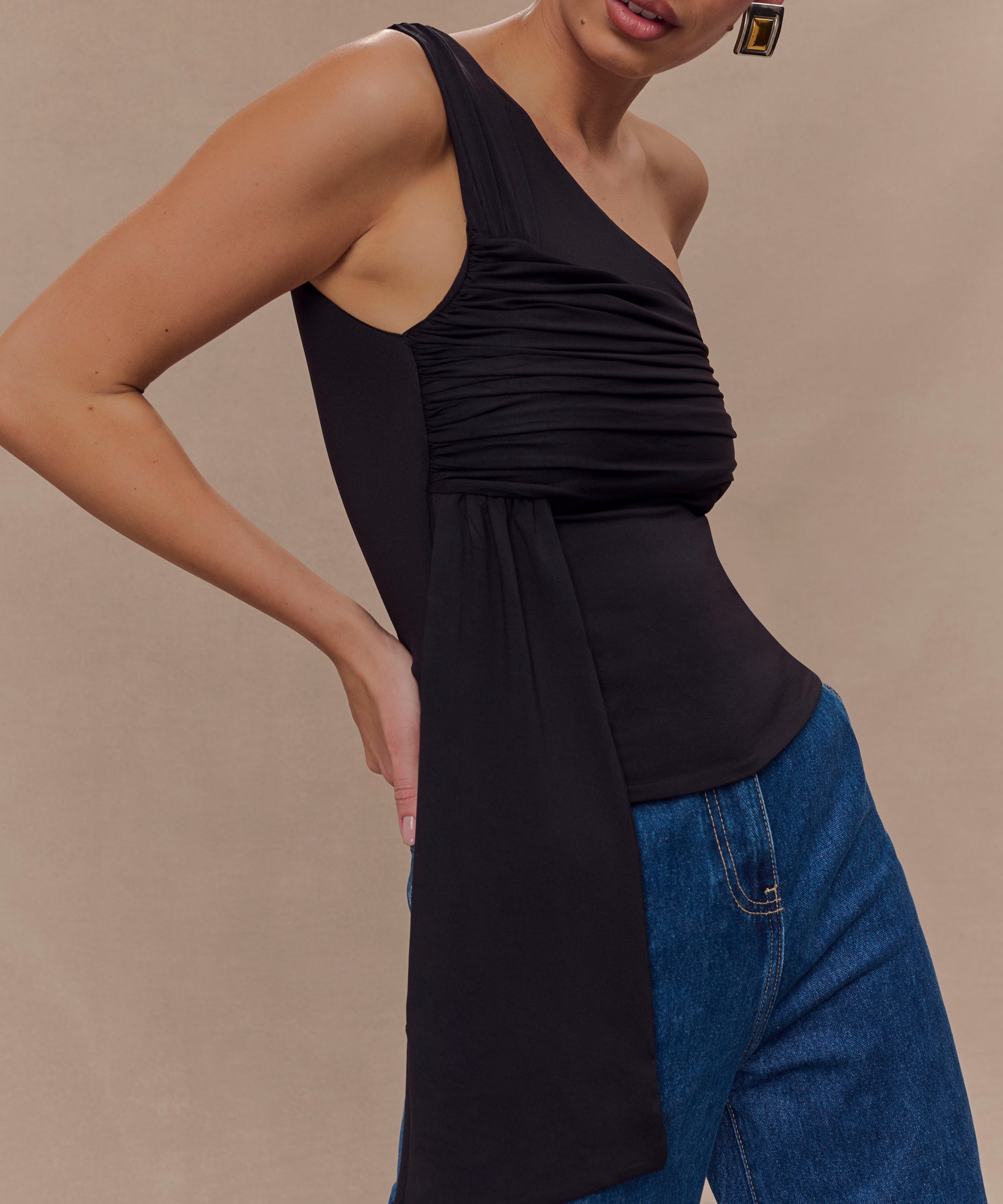Black One Shoulder Recycled Nylon Top With Drape
