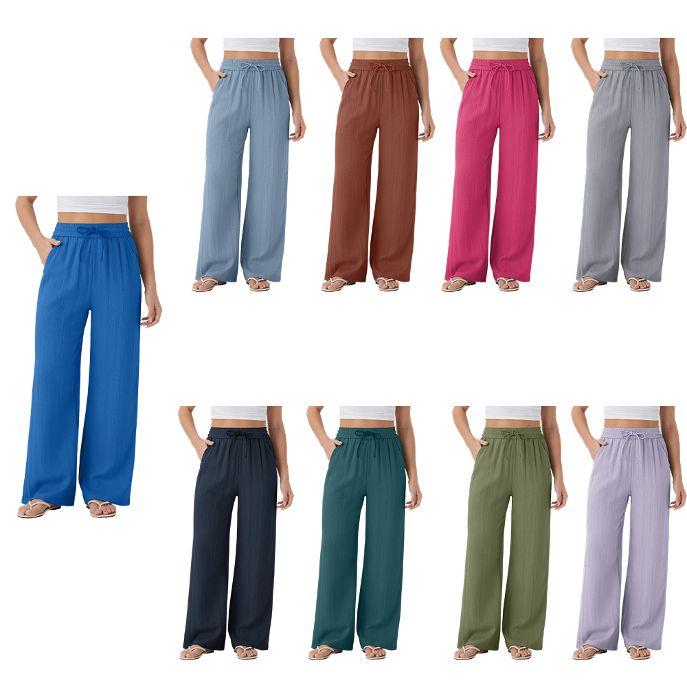 High Waisted Drawstring Pocket Wide Leg Casual Linen-Feel Pants