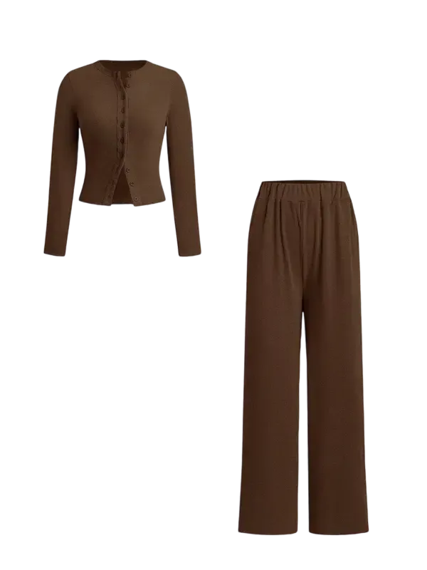 Two-piece Set Women's Solid Button Front Ribbed Crop Top & Elastic Waist Pants