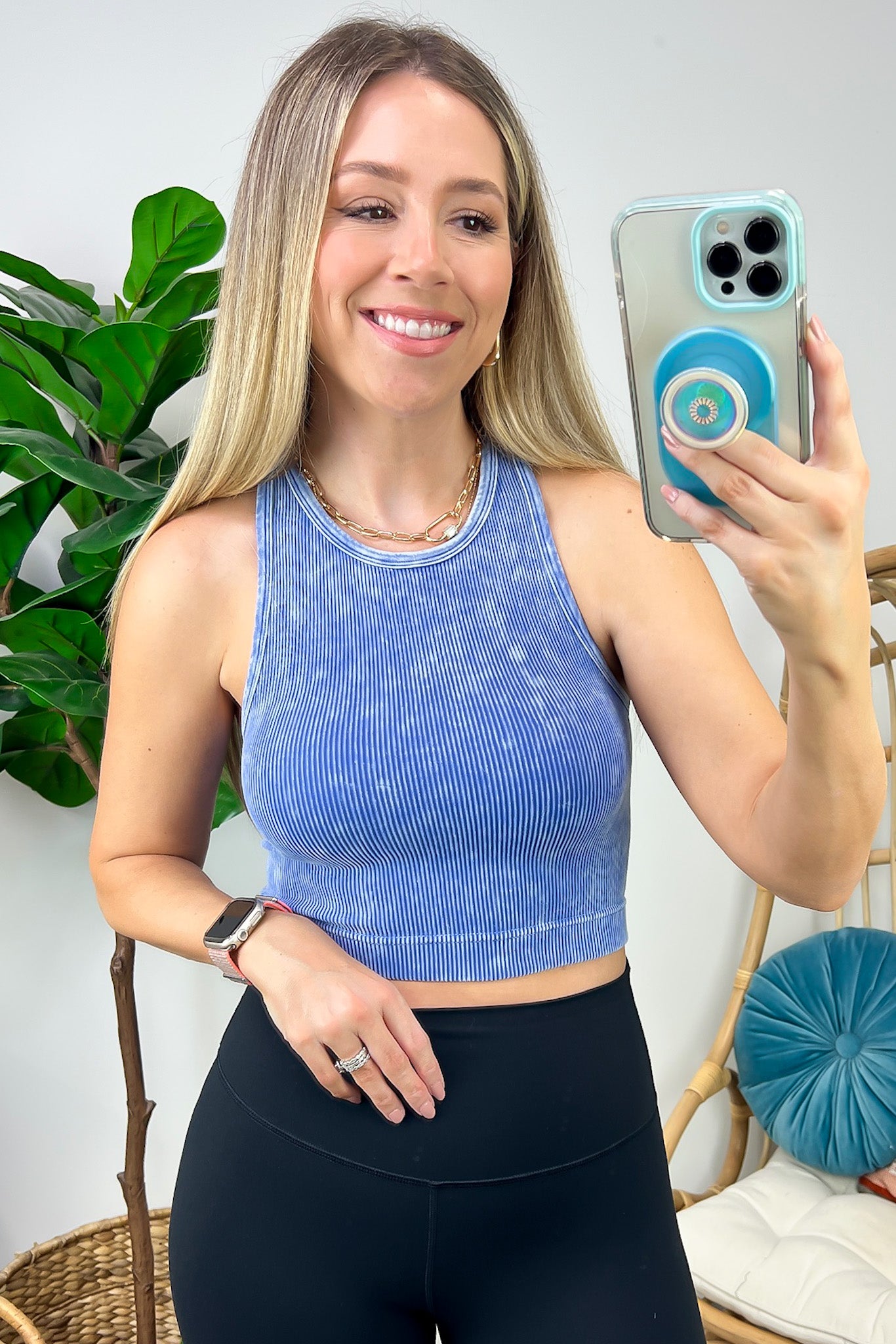 Washed Ribbed High Neck Cropped Tank Top