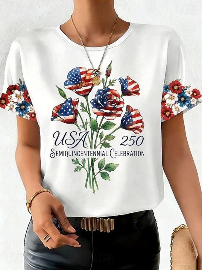 Ladies' Casual American Celebration Floral Print Round Neck T-Shirt