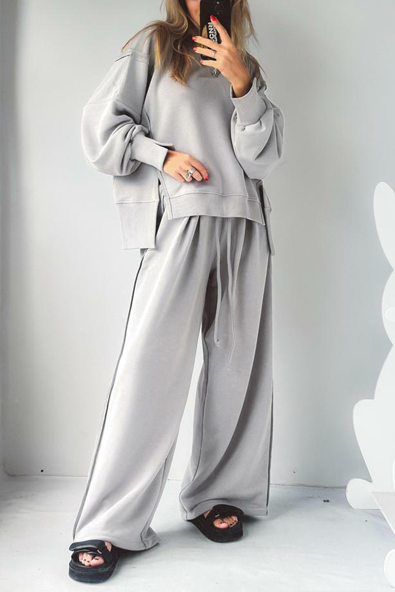 Women Round Neck Spliced Sweatshirt + Drawstring Pants Casual Set