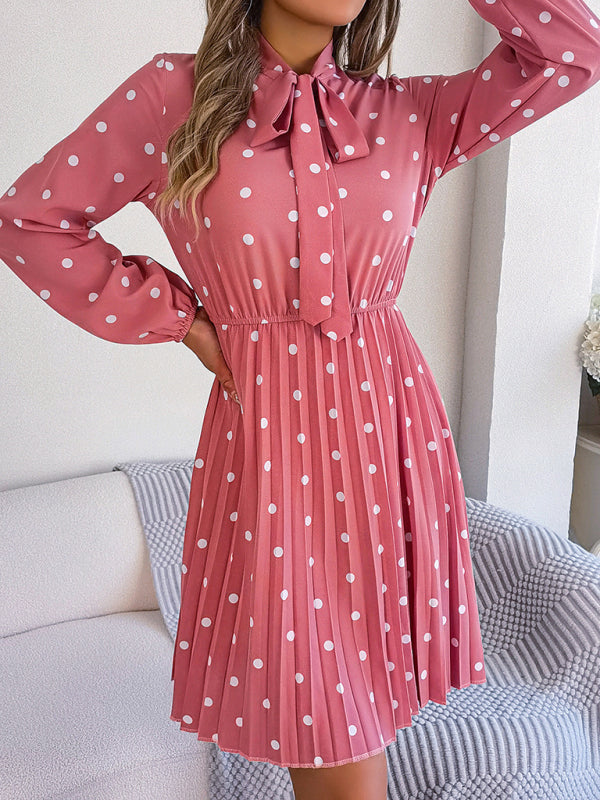 Elegant Polka-Dot Lace-Up Waist Long-Sleeved Pleated Skirt