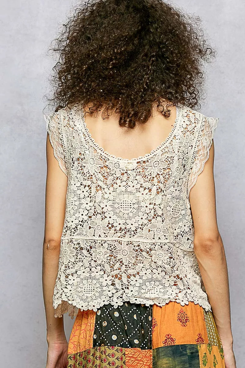 POL Lace Trim Openwork V-Neck Crochet Tank with Scalloped Edge