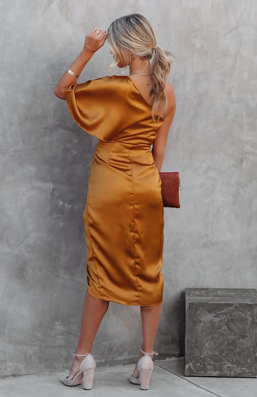 One Sleeve Irregular Pleated Waist Skirt Dress