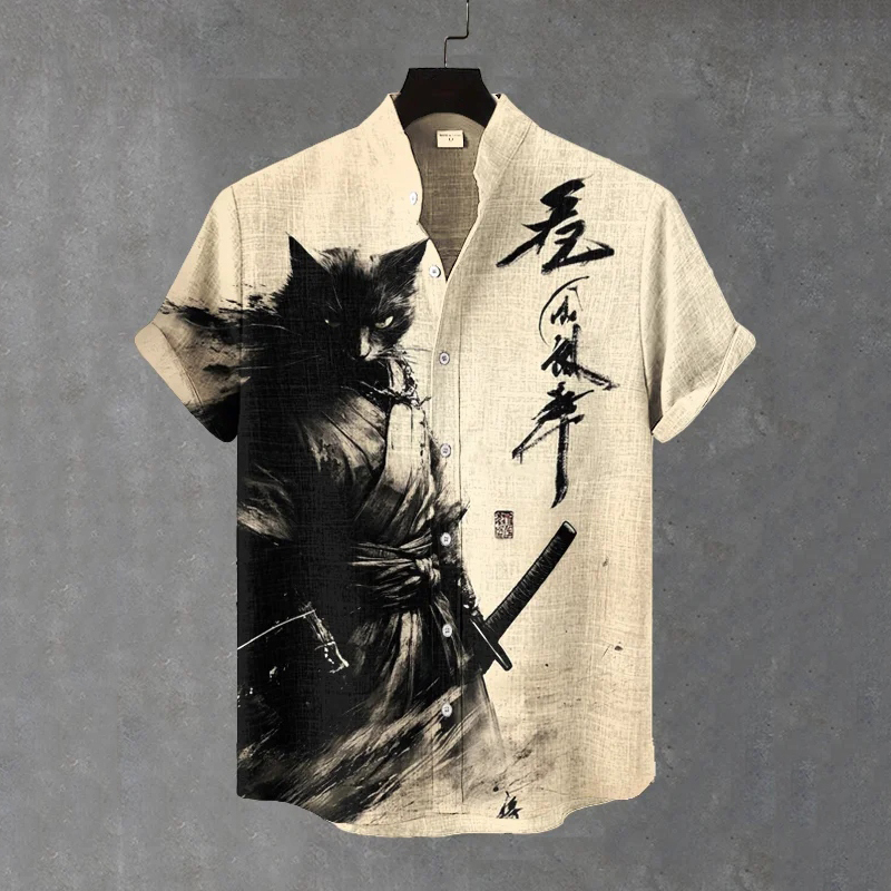 Men's Black Cat Samurai Ink Painting Art Print Short Sleeve Shirt