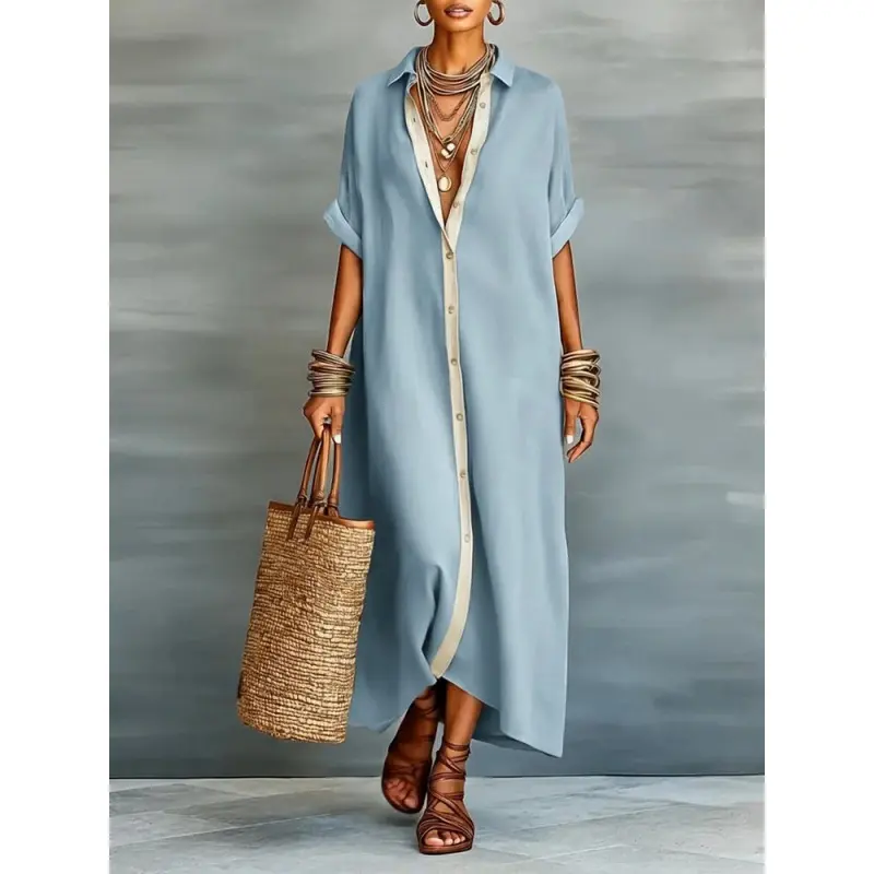 Boho Oversized Shirt Dress - Perfect for Beach, Vacation & Brunch! Contrast Trim Button Down Casual Loose Dress