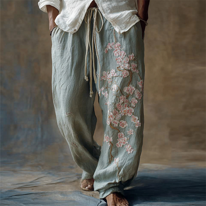 Men's Vintage Cherry Blossom Wide Leg Linen Pants