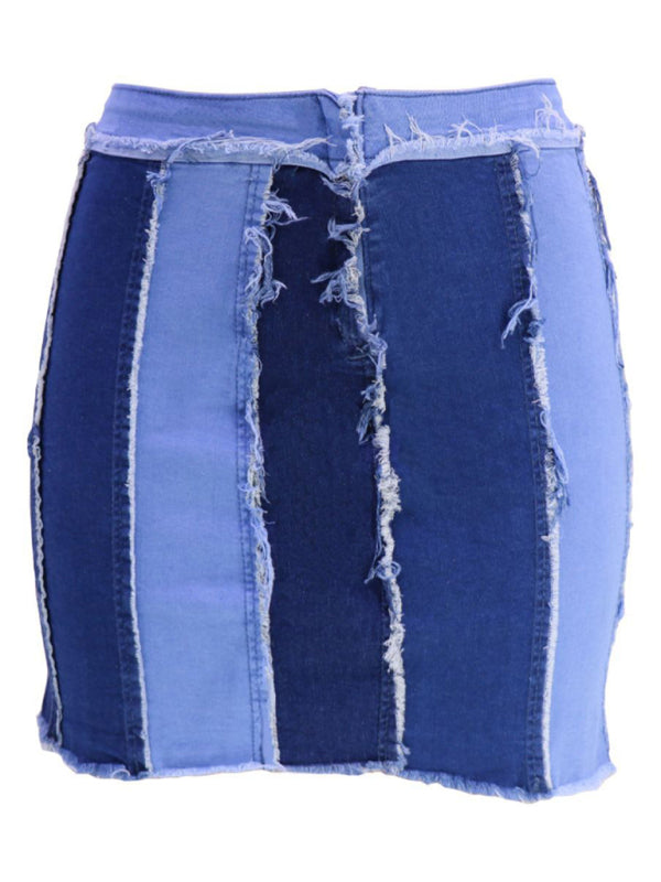 High Waist Patchwork Washed Pleated Denim Skirt