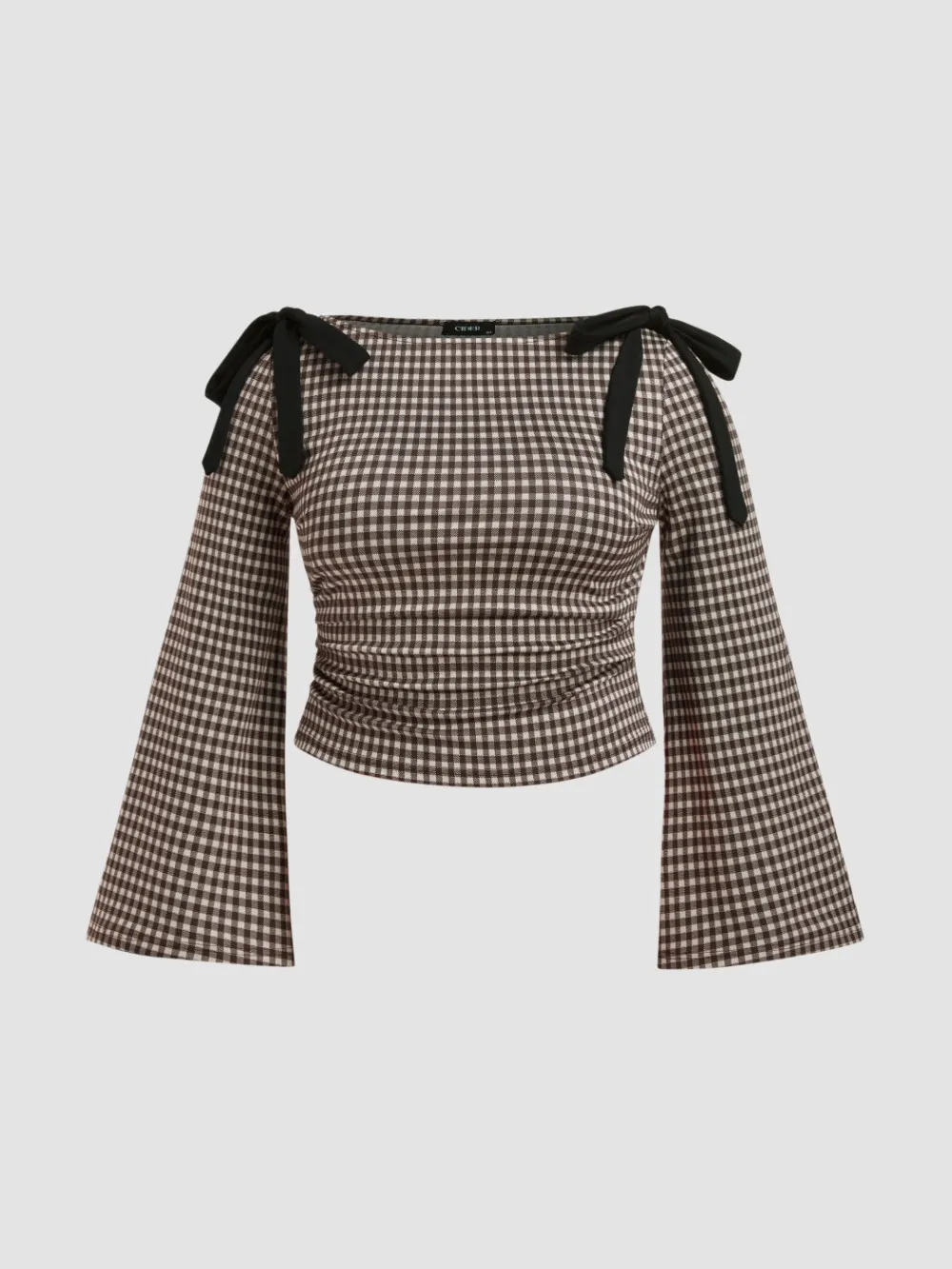 Boat Neck Gingham Bowknot Ruched Long Sleeve Top