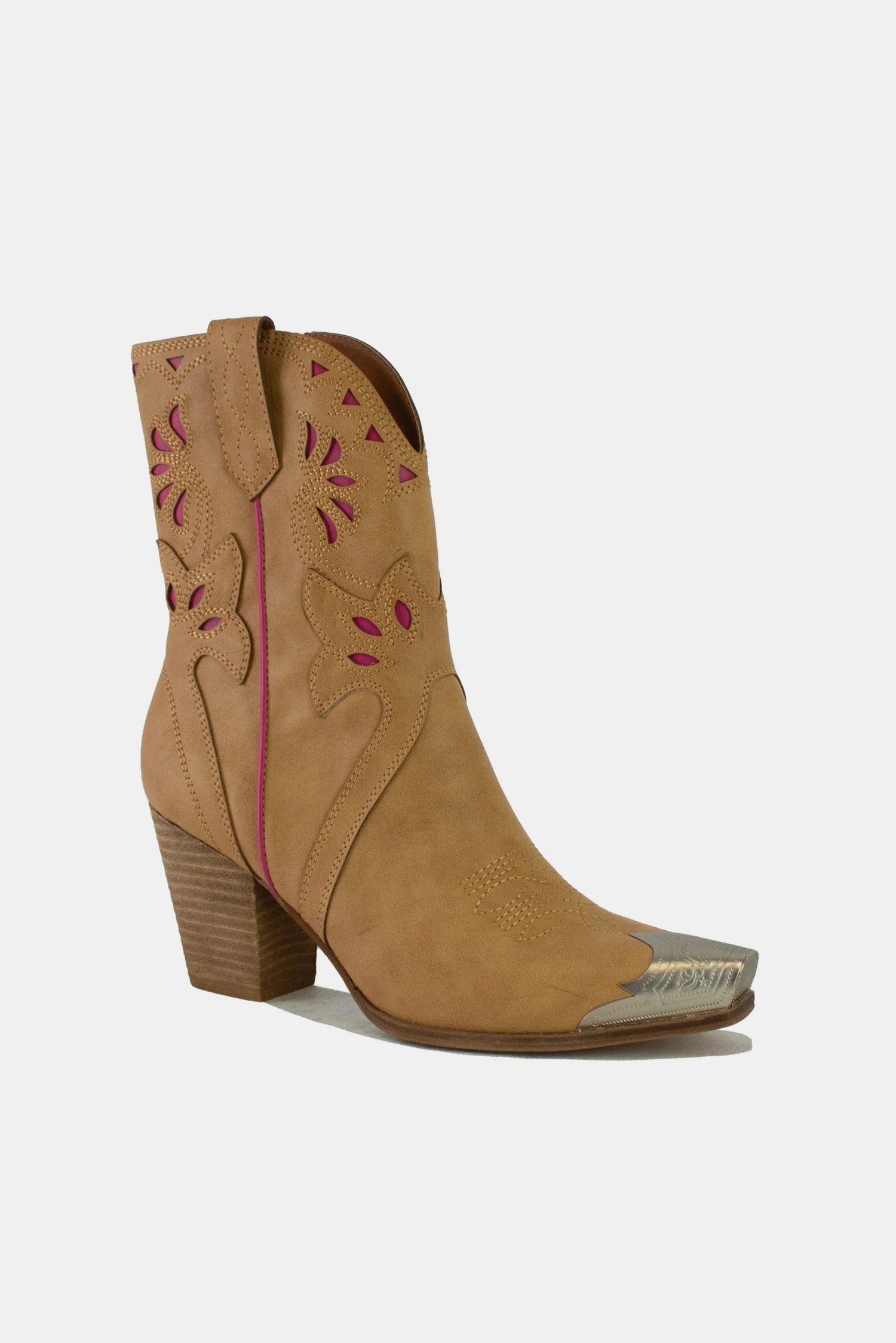 Cut-Out Floral Embroidery Boots in Camel