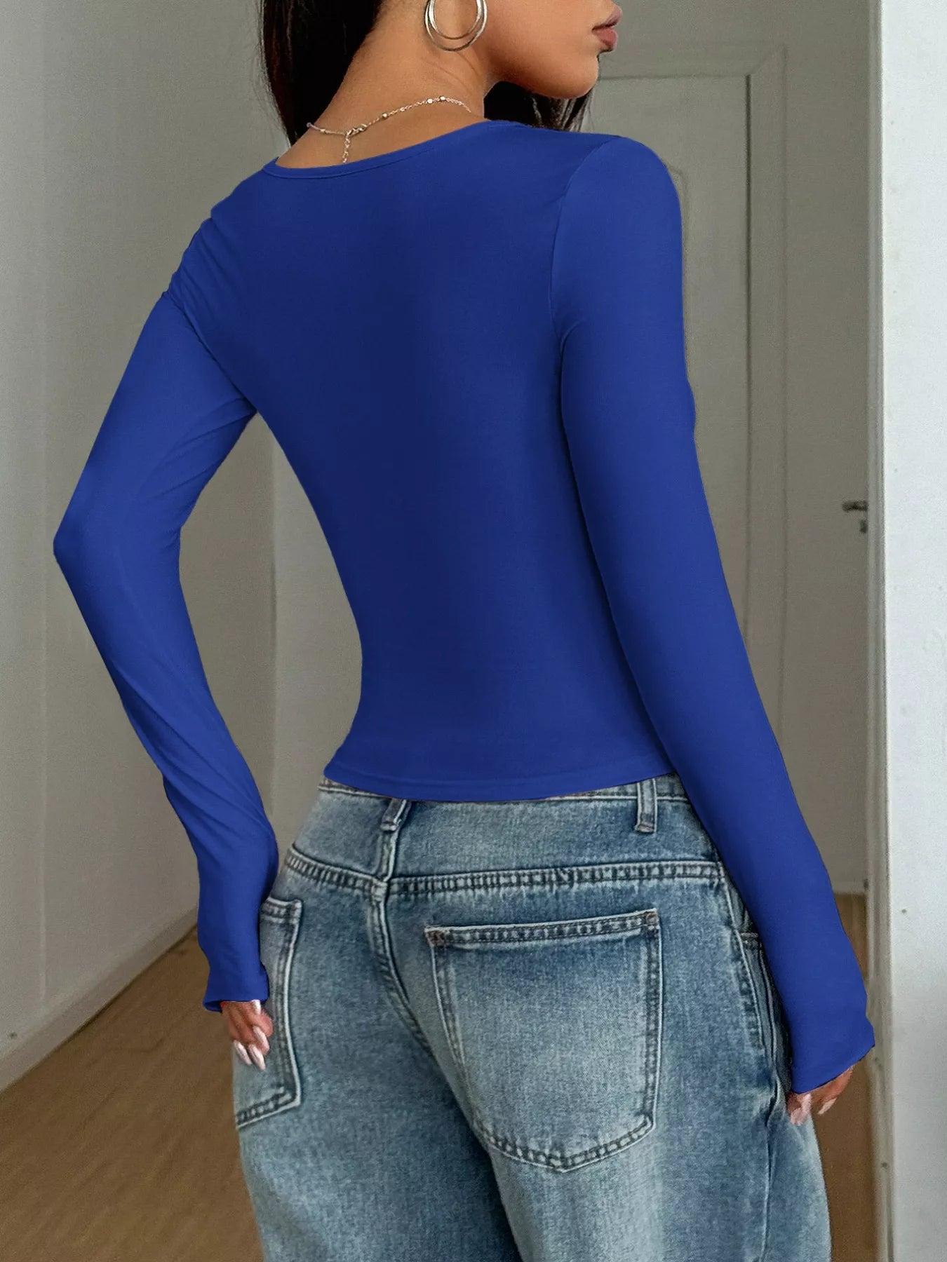 Solid Color Square Neck Long Sleeve Slim Fit T-Shirt