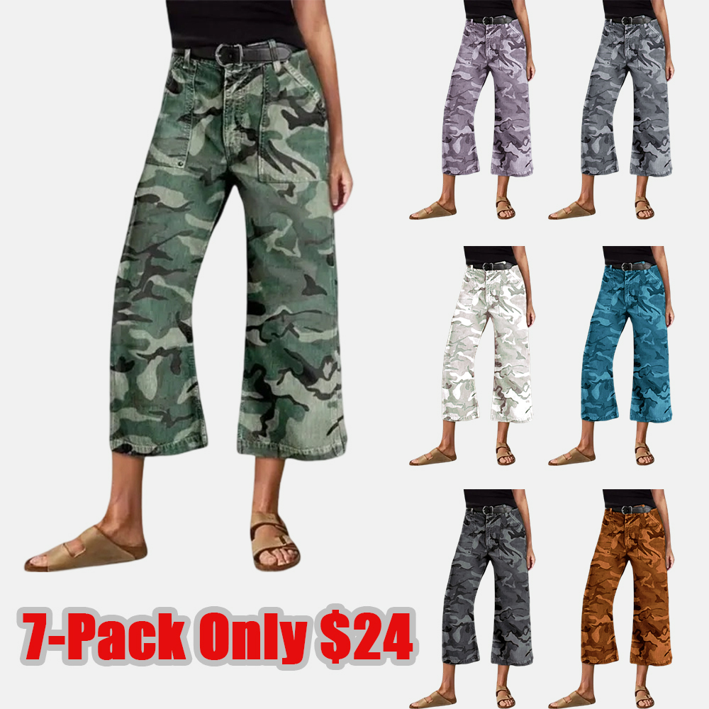 Camo Print Mid Waist Straight Leg Capri Pants Summer Vibes