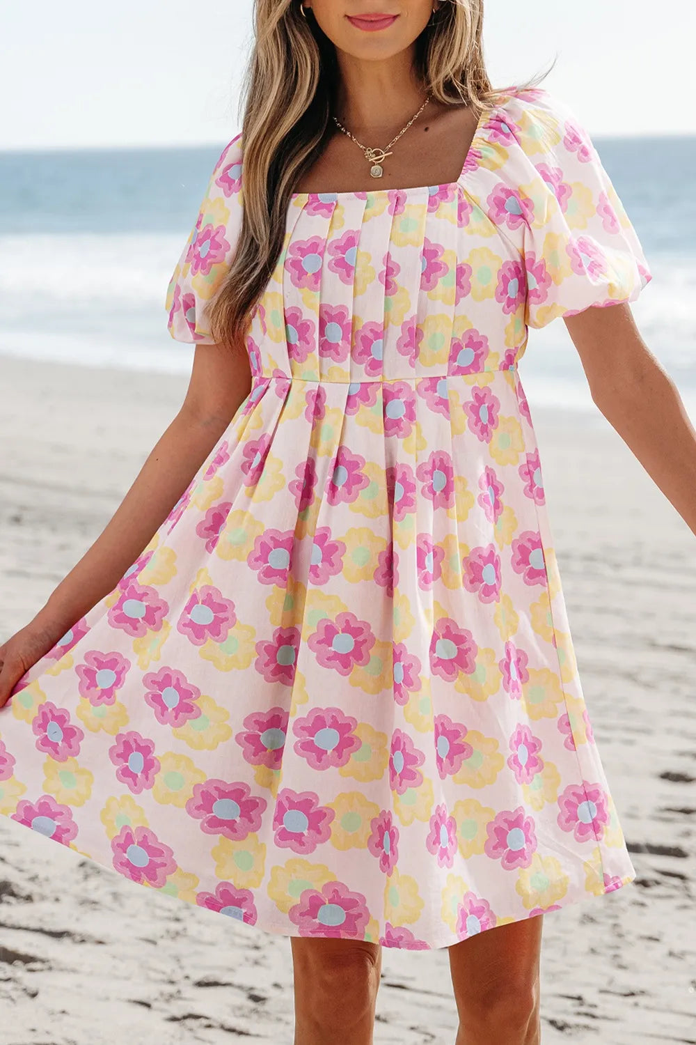 Floral Square Neck Puff Sleeve Pleated Flared Midi Dress