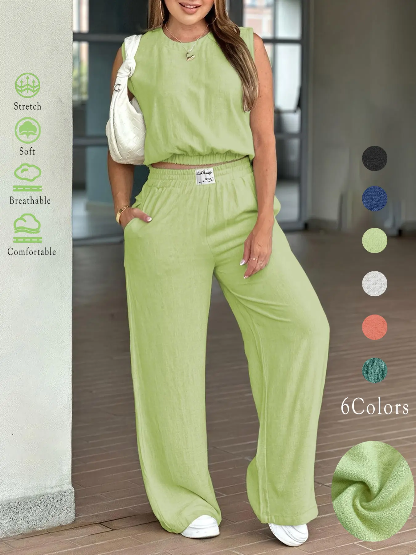 Women's 2-Piece Solid Color Tank Top & Wide Leg Pants Set