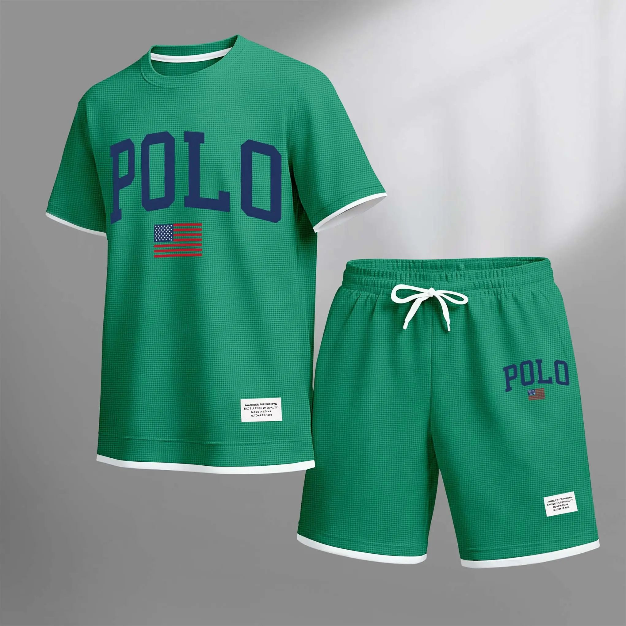 Men's Polo Print Drawstring Shorts Set For Spring/Summer