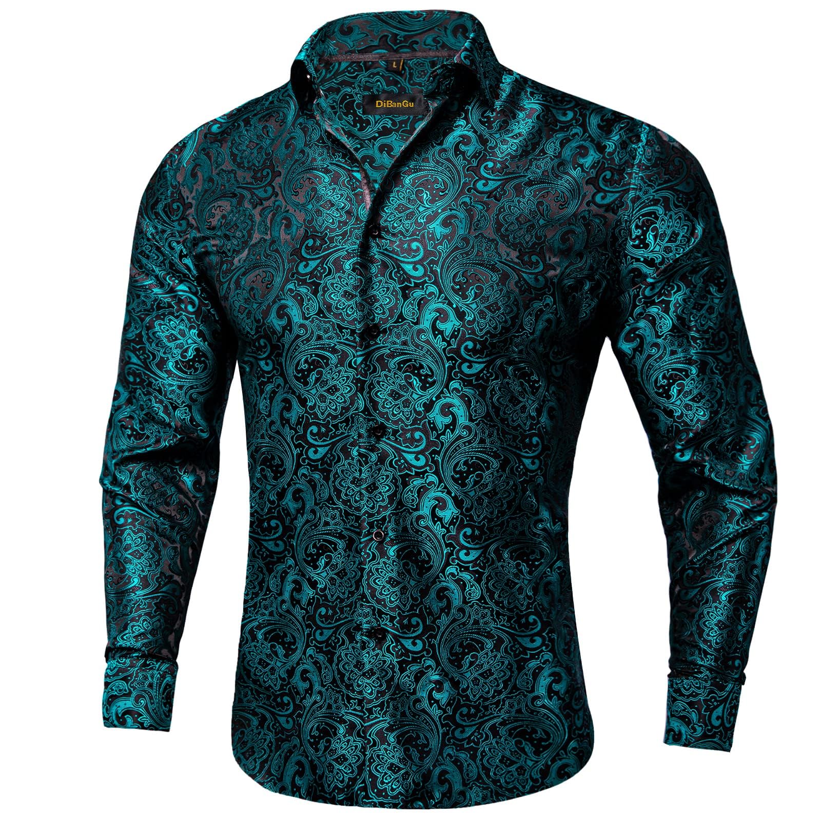 Men's Paisley Dress Shirt Long Sleeve Wrinkle Free Button Down Cowboy Shirts - Black&teal&paisley