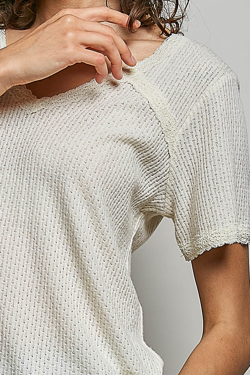 POL Lace Detail V-Neck Short Sleeve Textured T-Shirt
