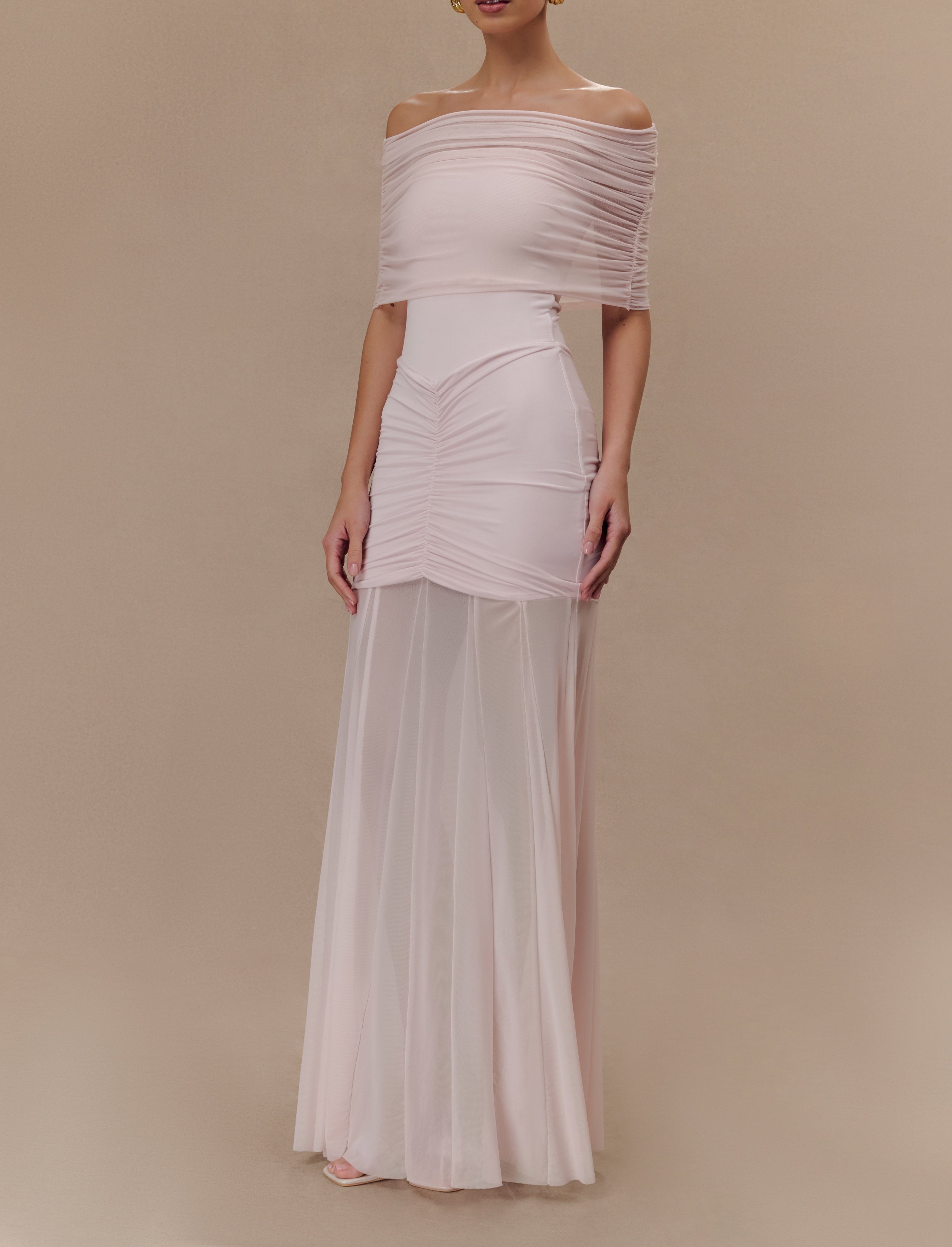 Pink Slinky And Mesh Off Shoulder Maxi Dress