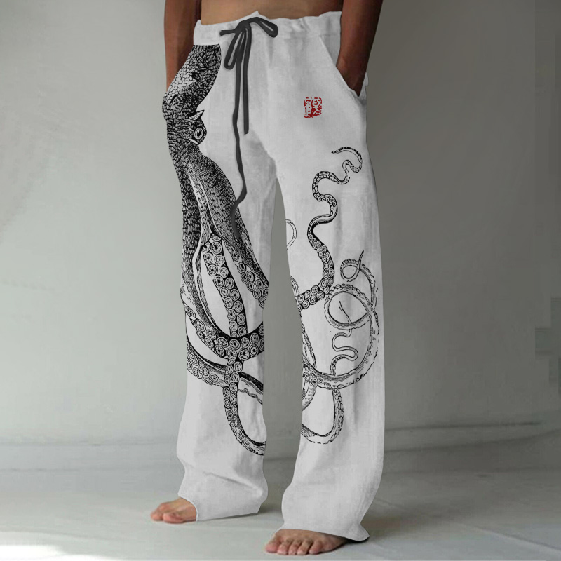 Japanese Art Octopus And Crab Print Casual Linen Blend Pants