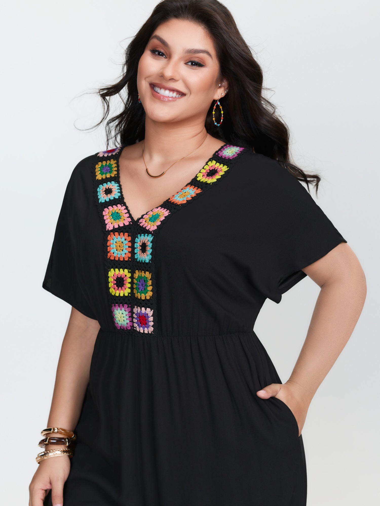 Colorful Crochet Neckline Plain Jumpsuit