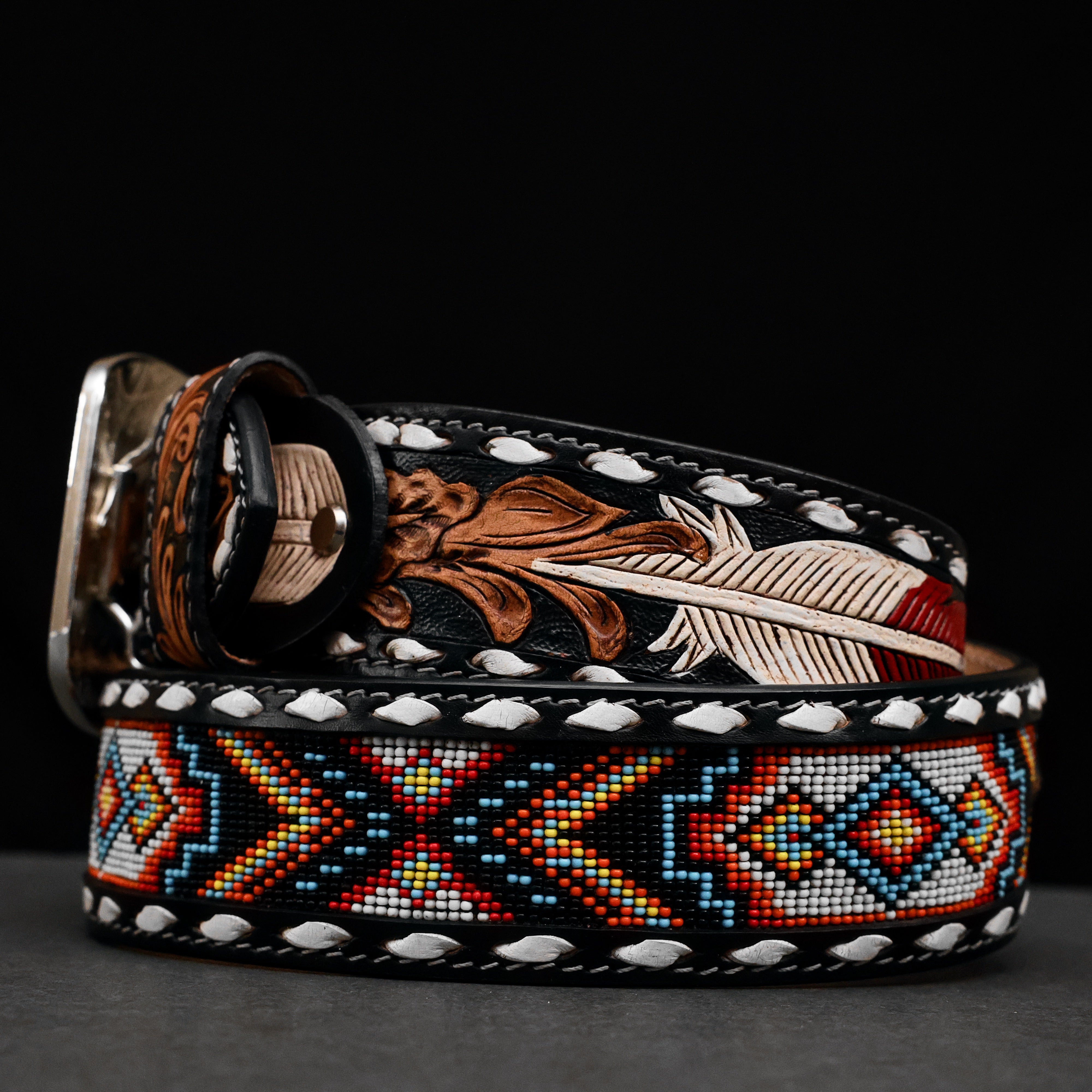 2 Inch Hand-Tooled Artesanal Beaded Leather Belt