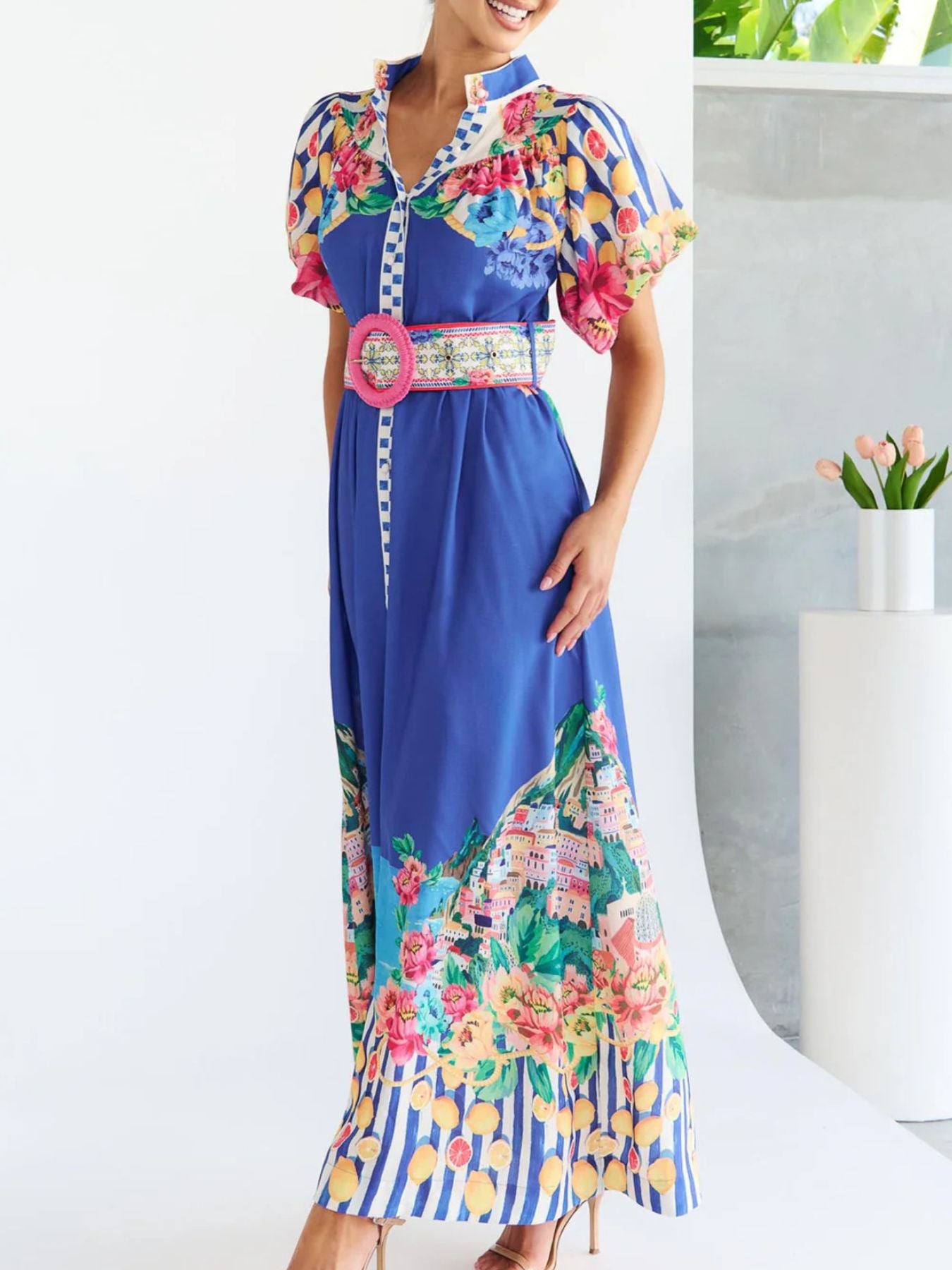 Printed Button Front Puff Sleeve Maxi Dress