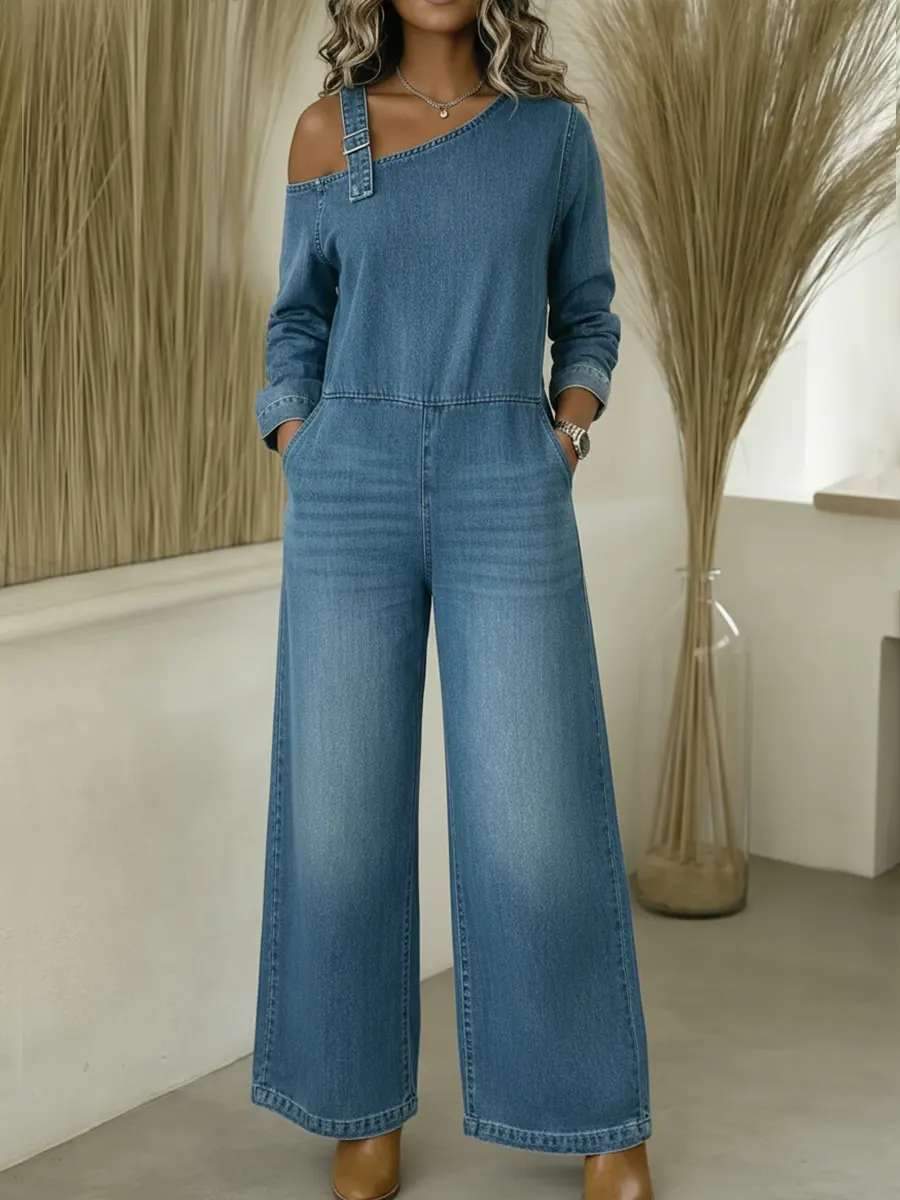 Women's Fashionable Off-the-shoulder Denim Jumpsuit