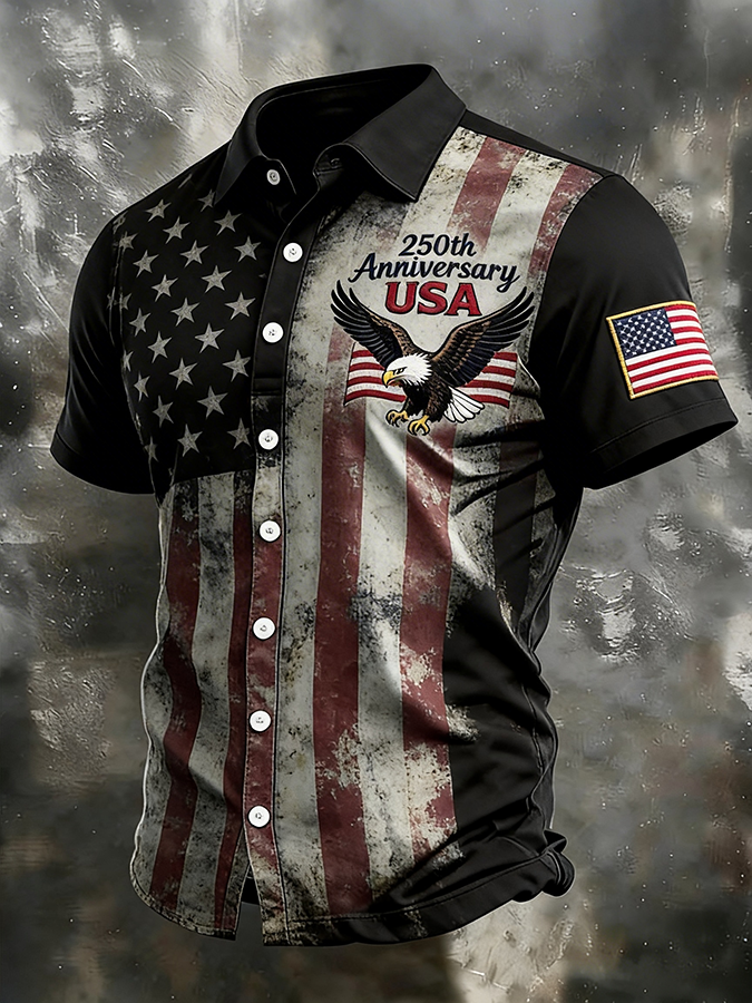 Men's Casual American Flag And Eagle Print Shirt