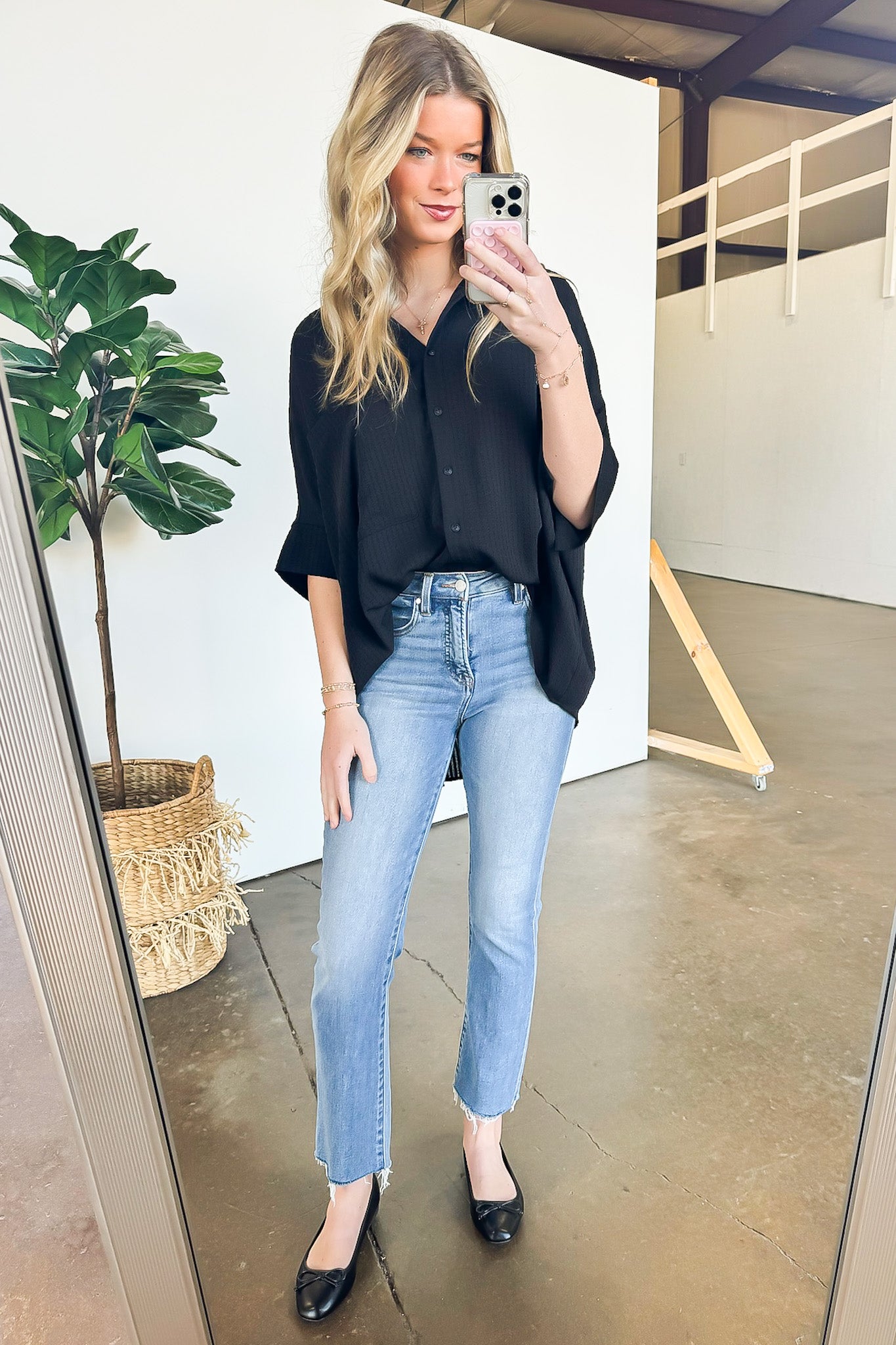 Textured Knit Button Down Top