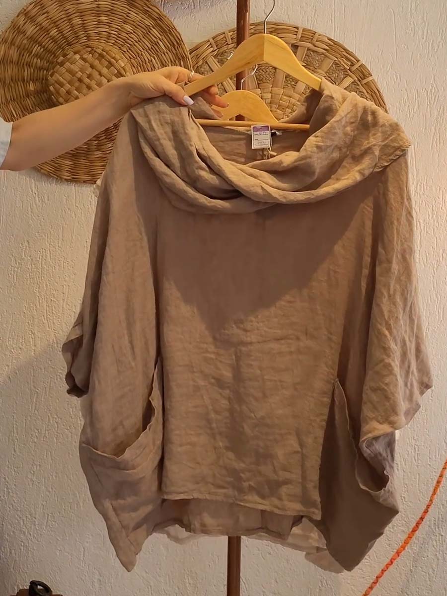 Women's Solid Color Draped Neck 3/4 Sleeve Comfortable Casual Linen Pocket Top