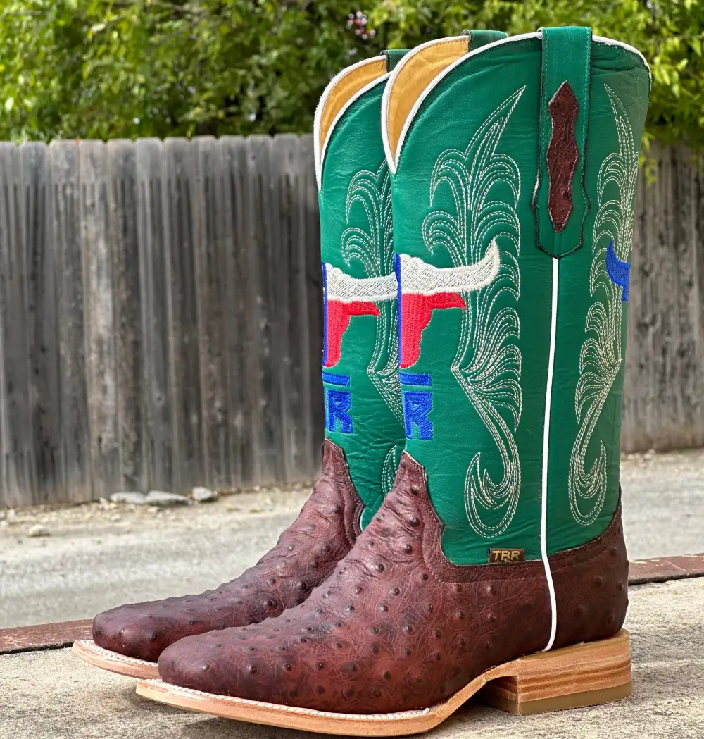 Men’s Chocolate Brown Ostrich Leather Boots With Green Shaft