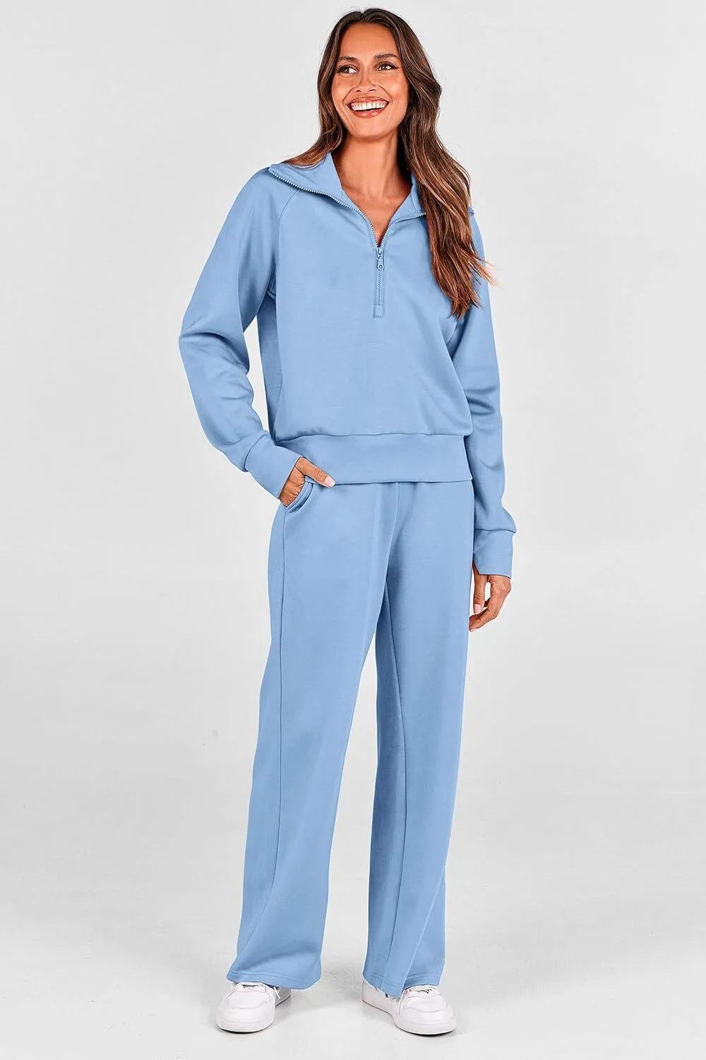 🔥Final Day Clearance!🛒Women's 2 Piece Outfits Casual Lapel Half Zip Sweatshirts And Wide Leg Pants Tracksuit Sets