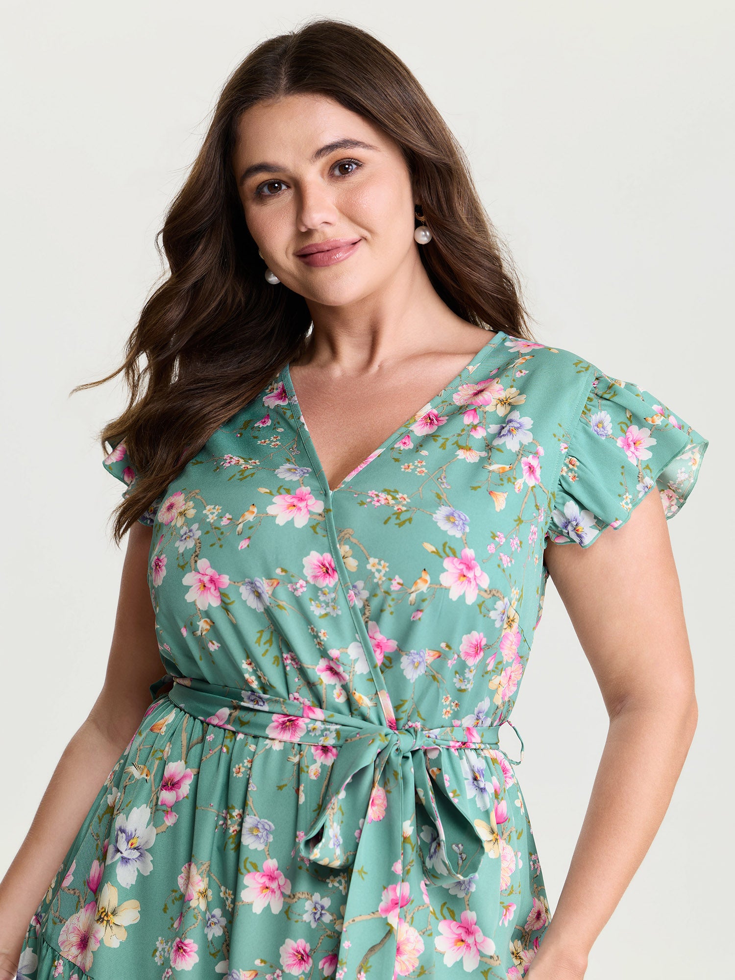 Playful Floral Print Flutter Sleeve Maxi Dress