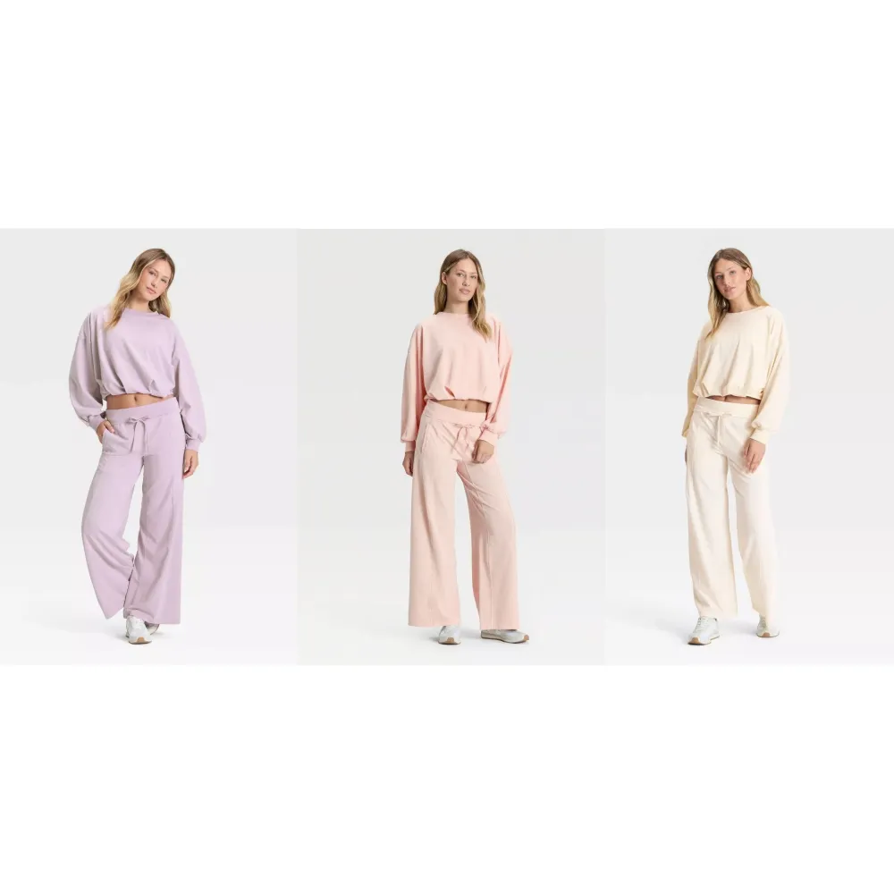 Women's Bubble Hem Long Sleeve Top & Wide Leg Pants Set