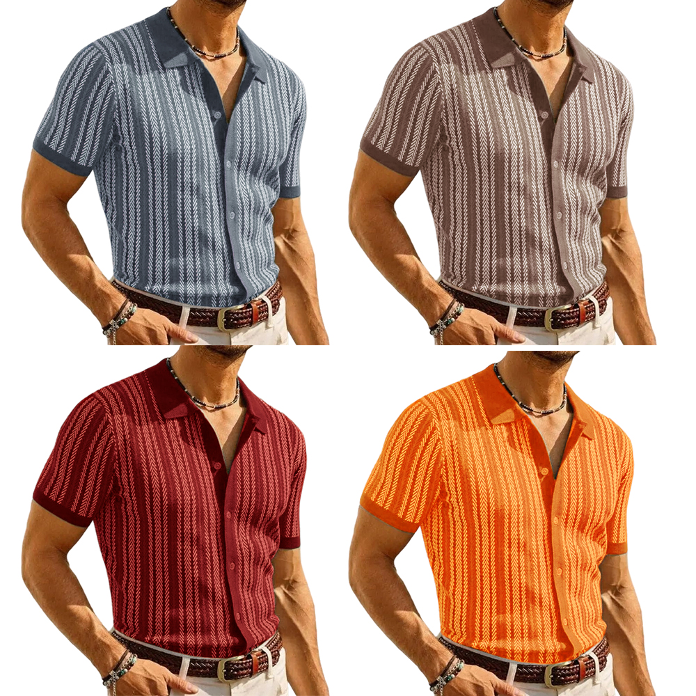 Mens Knit Polo Shirts Vintage Casual Short Sleeve Shirt Golf Button Down Pinstripe Old Money Top
