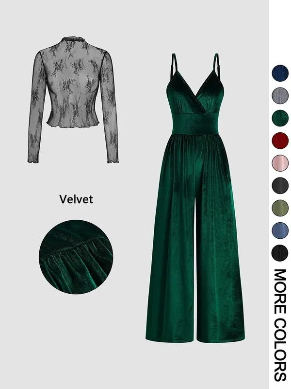 Women's Solid Color Lace Tee & Pocket Jumpsuit Two-piece Set