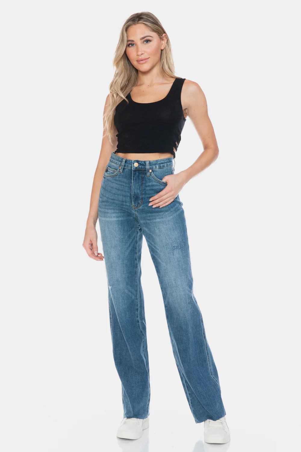 Blue Full Size Tummy Control Cut Raw Hem Straight Jeans