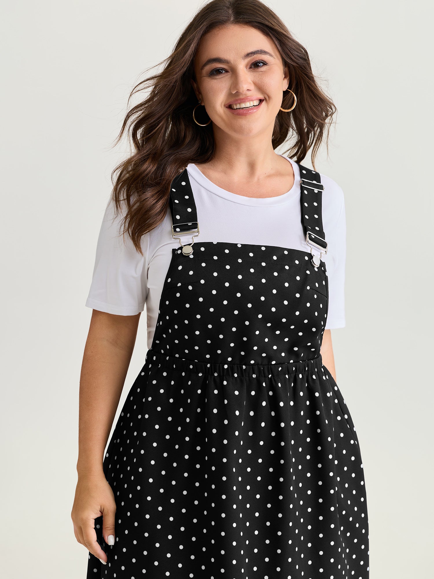 Polka Dots Print Adjustable Overall Midi Dress
