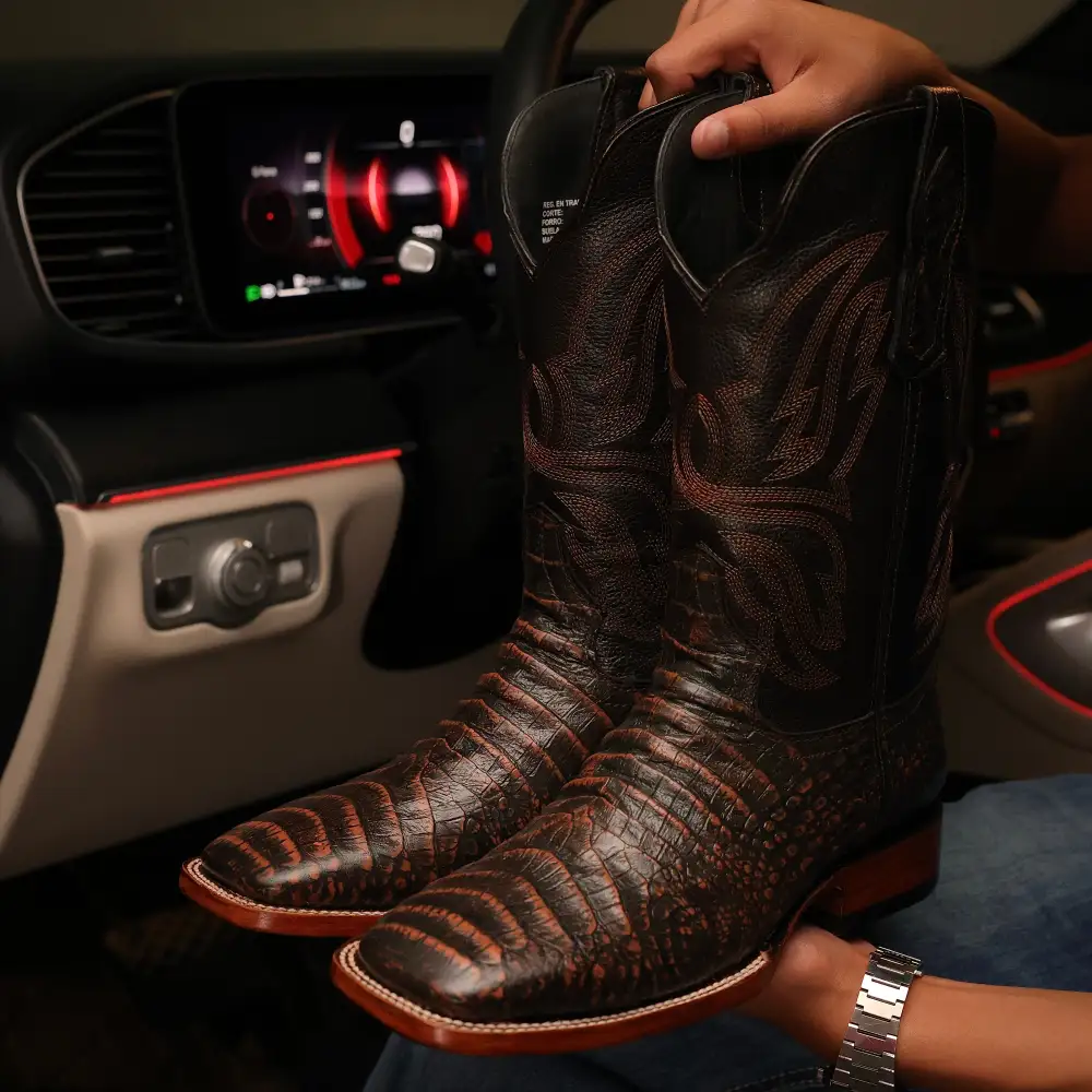 Copper Caiman Belly Leather Boots - Square Toe