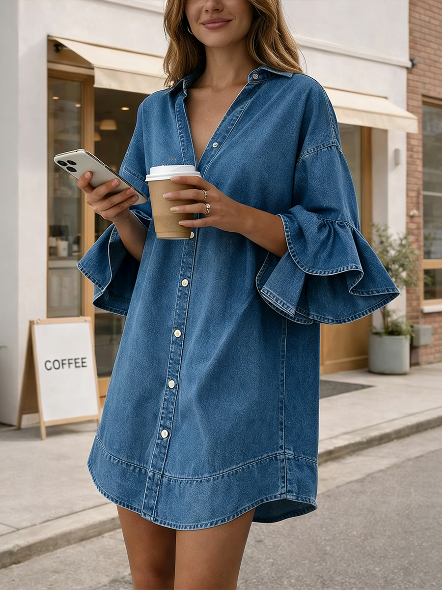 Women's Casual Shirt-style Mini Denim Dress