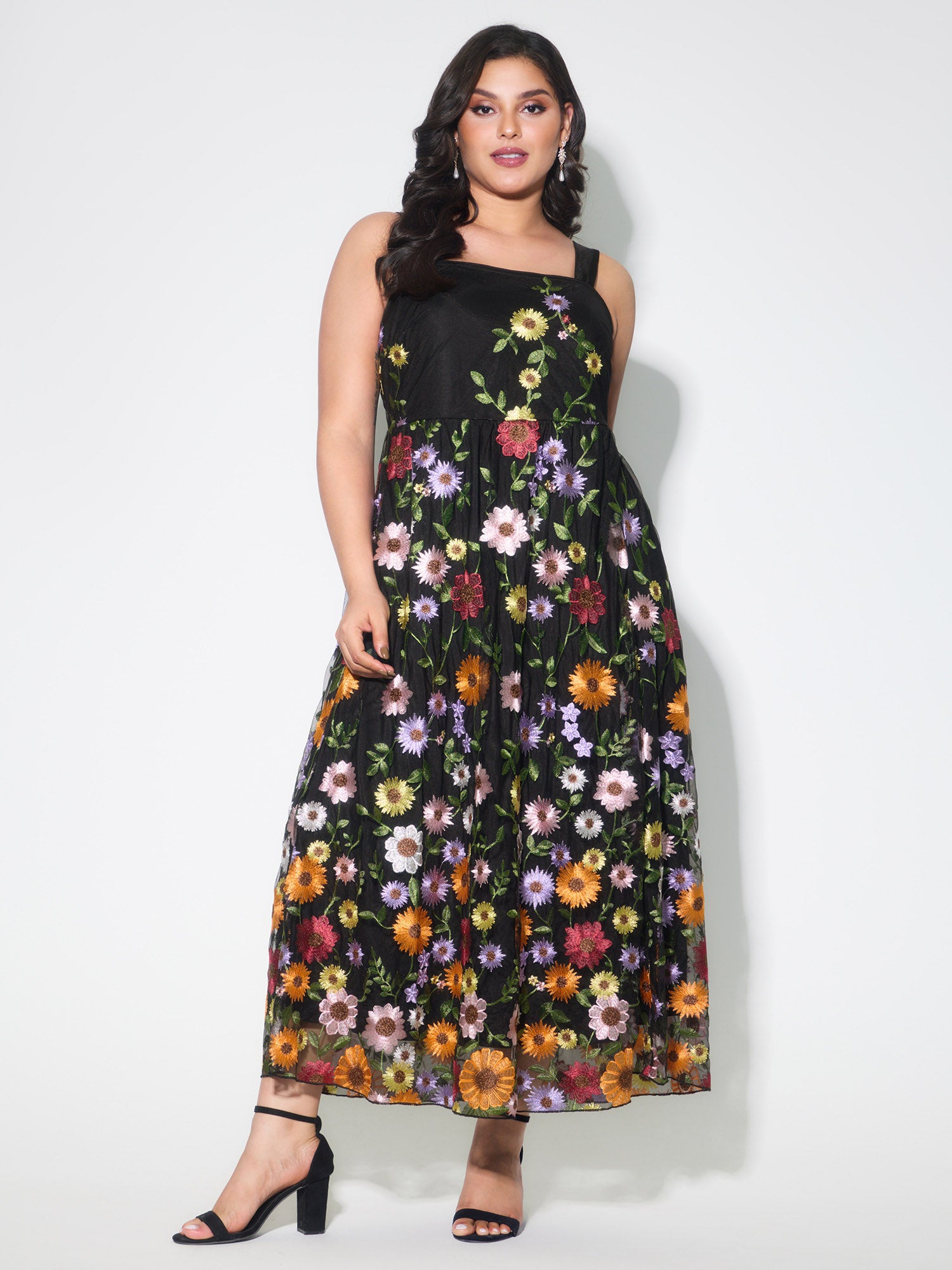 Pretty Florals Embroidered Mesh Maxi Dress