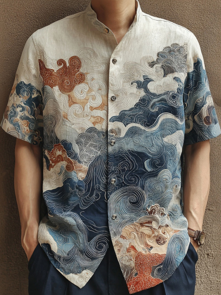Men's Japanese Art Ocean Pattern Casual Shirt