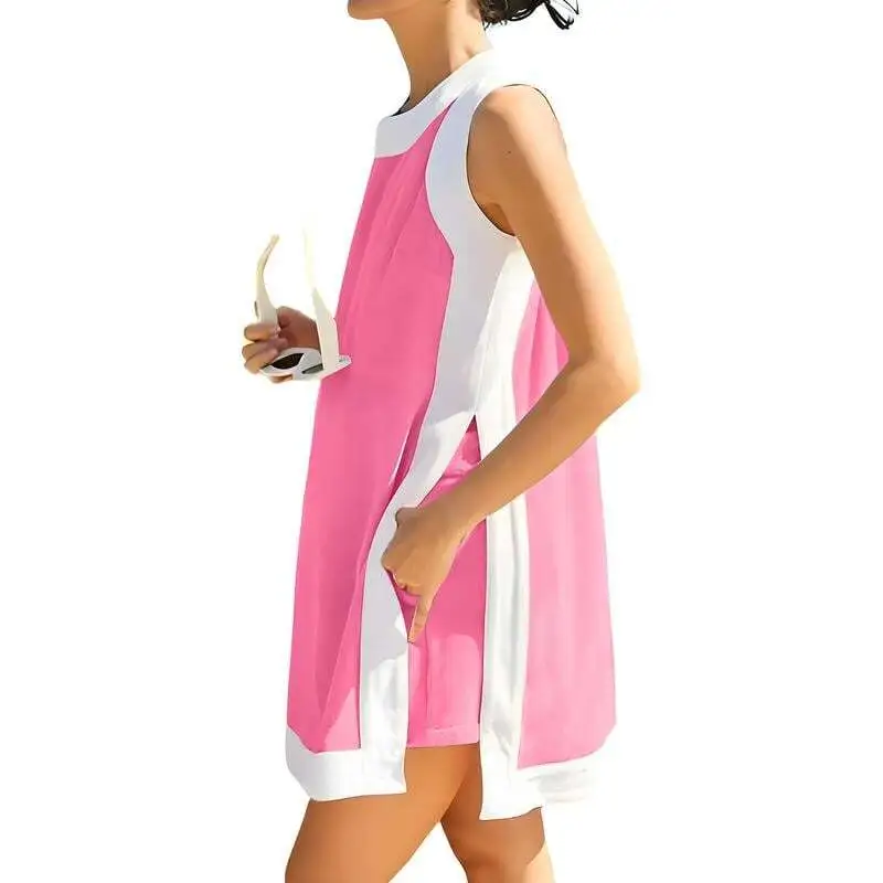 Women's 2-Piece Sets Color Block Crewneck Sleeveless Top + Skirt & Shorts w/ Pockets